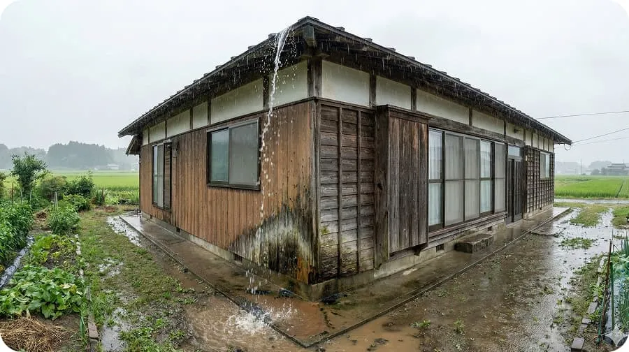 大雨により破損した雨樋から雨水が激しく溢れ出している様子