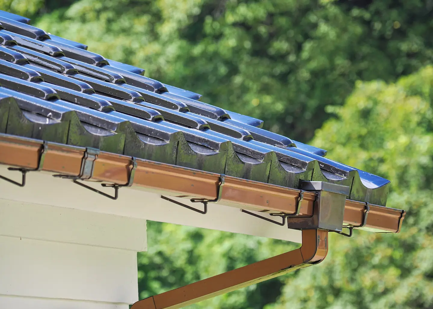 青空の下、詰まりや破損がなく機能的に整備された屋根の雨どい