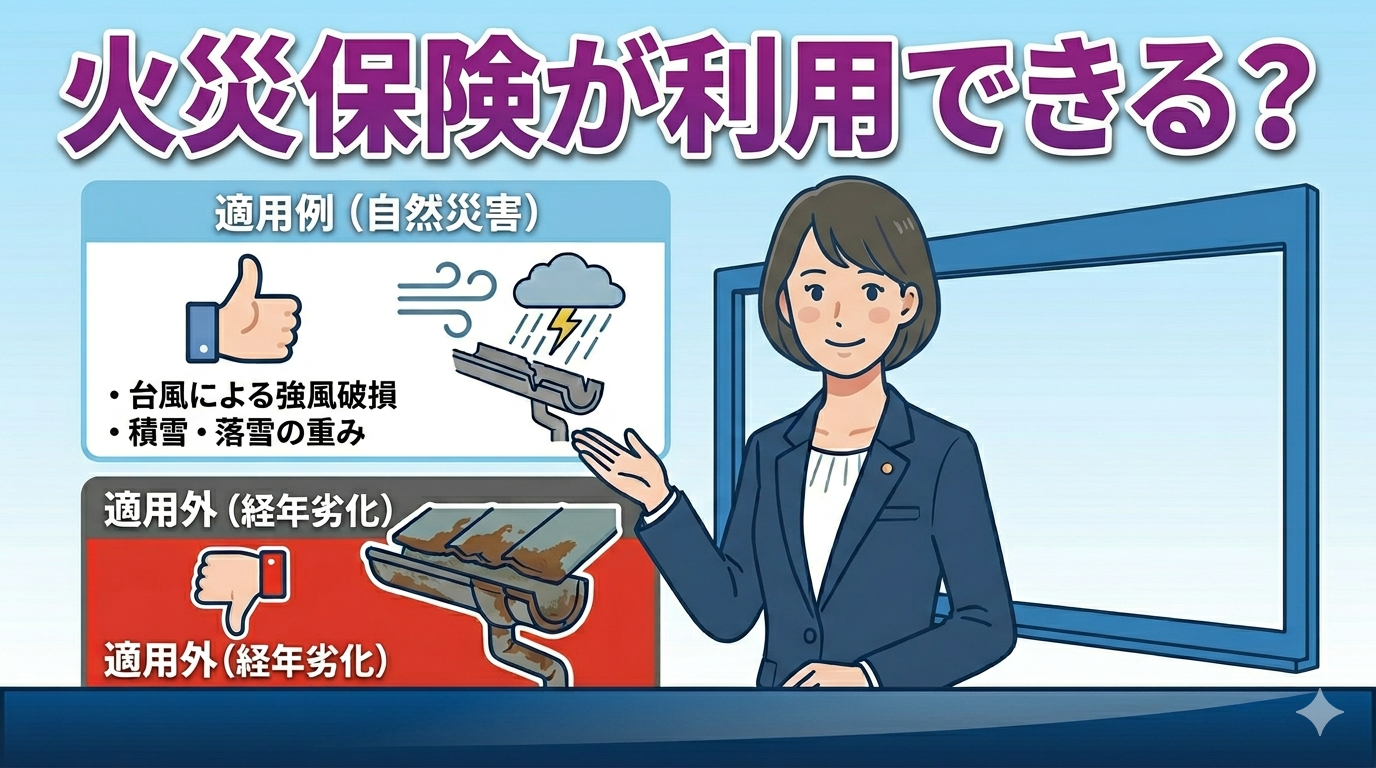 雨どい修理に火災保険が使えるケースと使えないケースを表した図